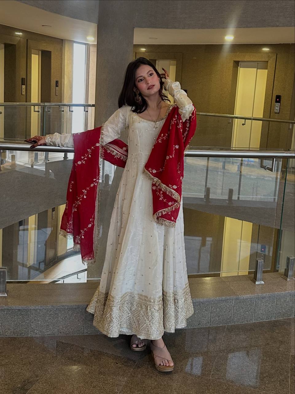 Elegant White Embroidered Anarkali Suit with Red Embroidered Dupatta