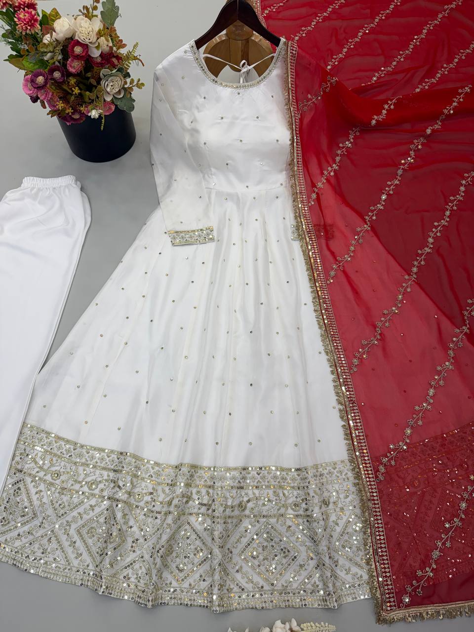 Elegant White Embroidered Anarkali Suit with Red Embroidered Dupatta