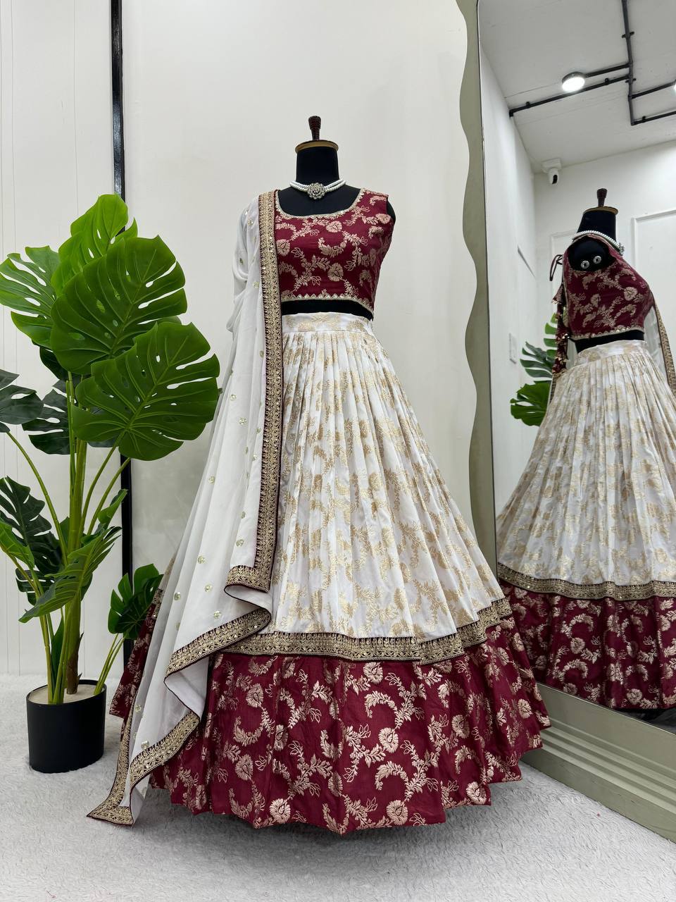 Maroon & Ivory Designer Embroidered Lehenga Choli with Dupatta
