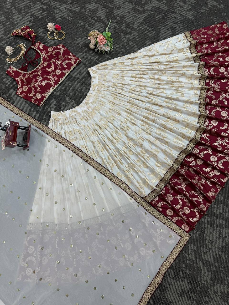 Maroon & Ivory Designer Embroidered Lehenga Choli with Dupatta