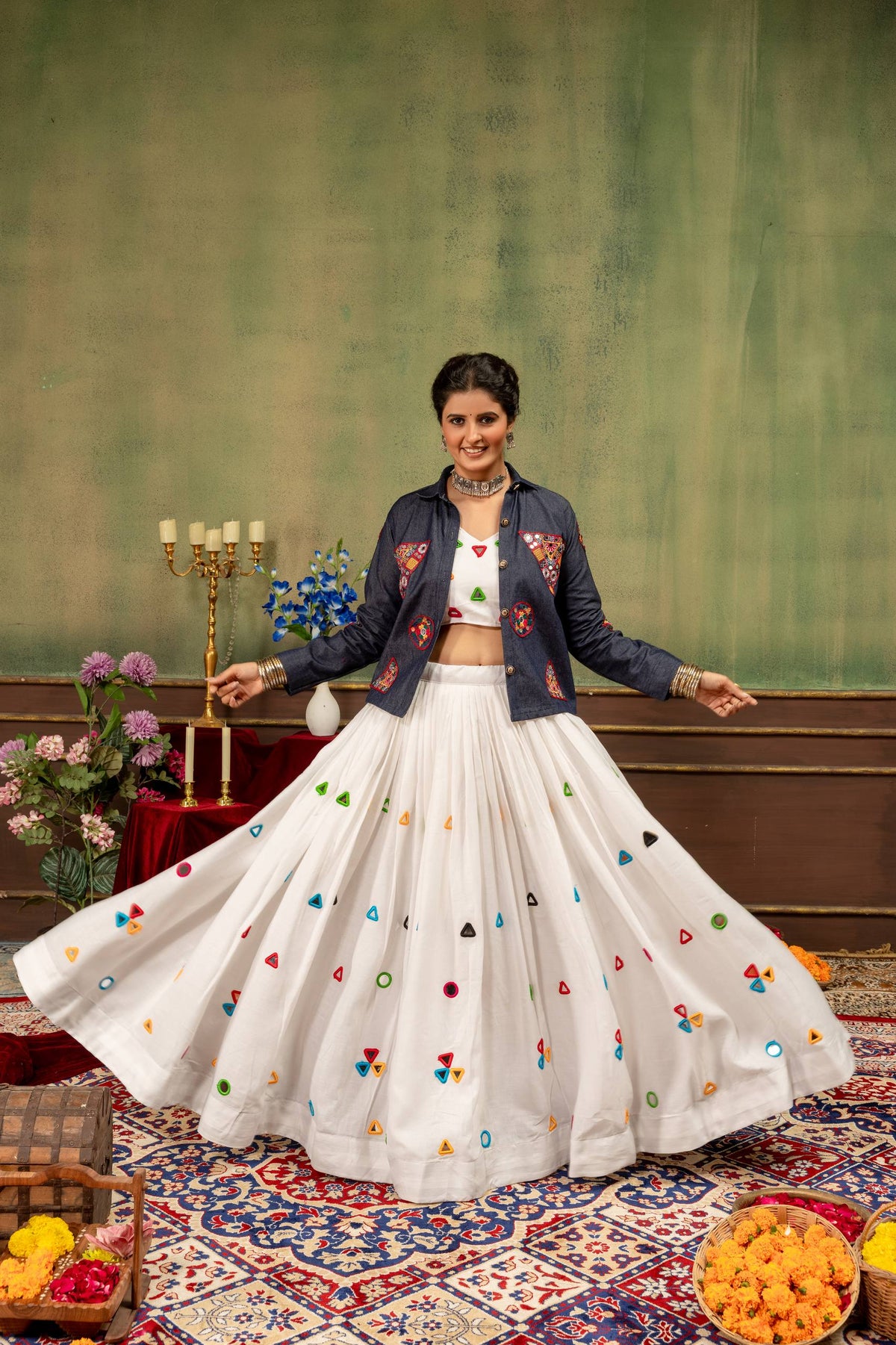 Designer Embroidered White Lehenga Choli with Multicolor Mirror-Work & Navy Blue Jacket