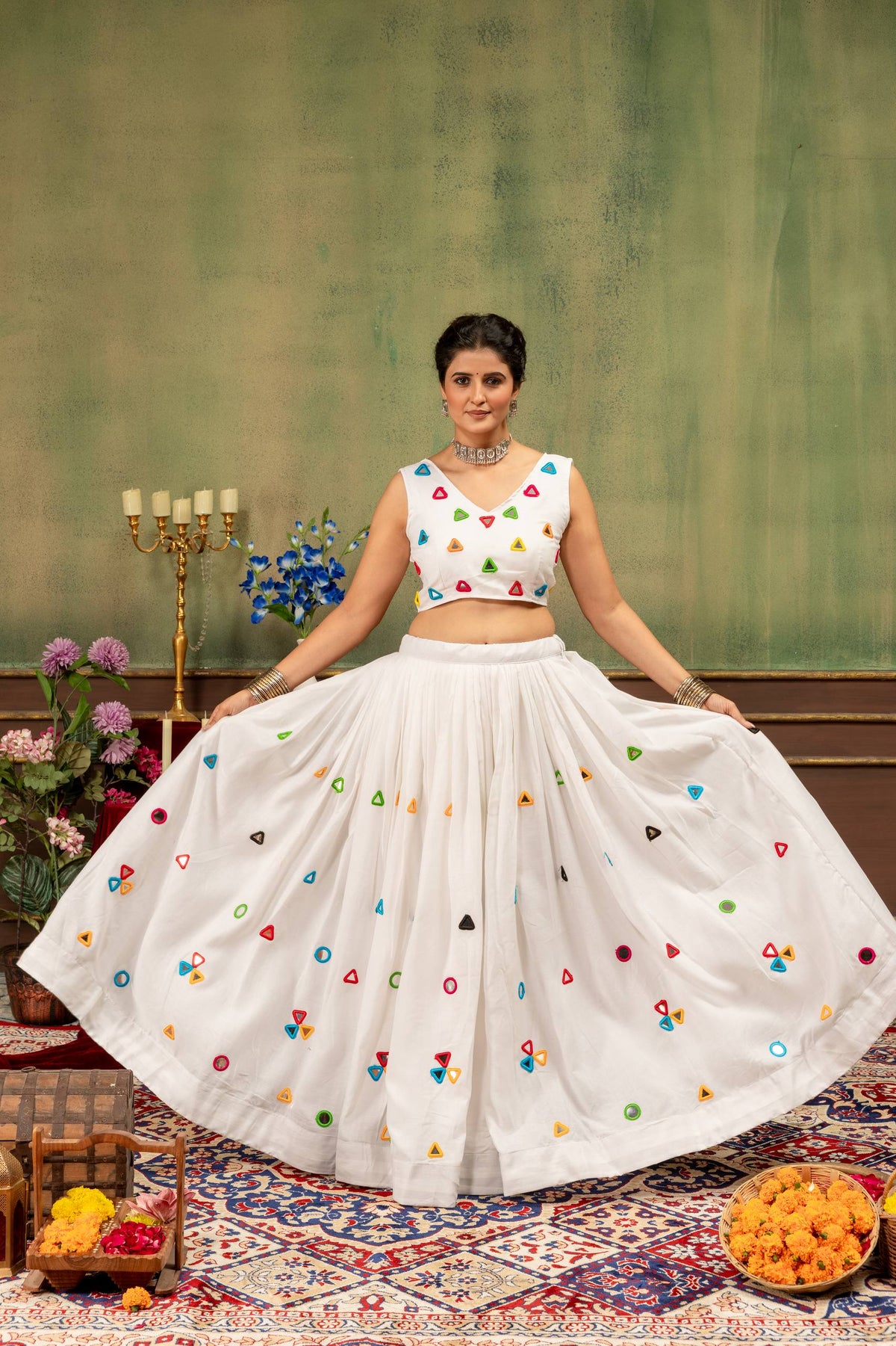Designer Embroidered White Lehenga Choli with Multicolor Mirror-Work & Navy Blue Jacket