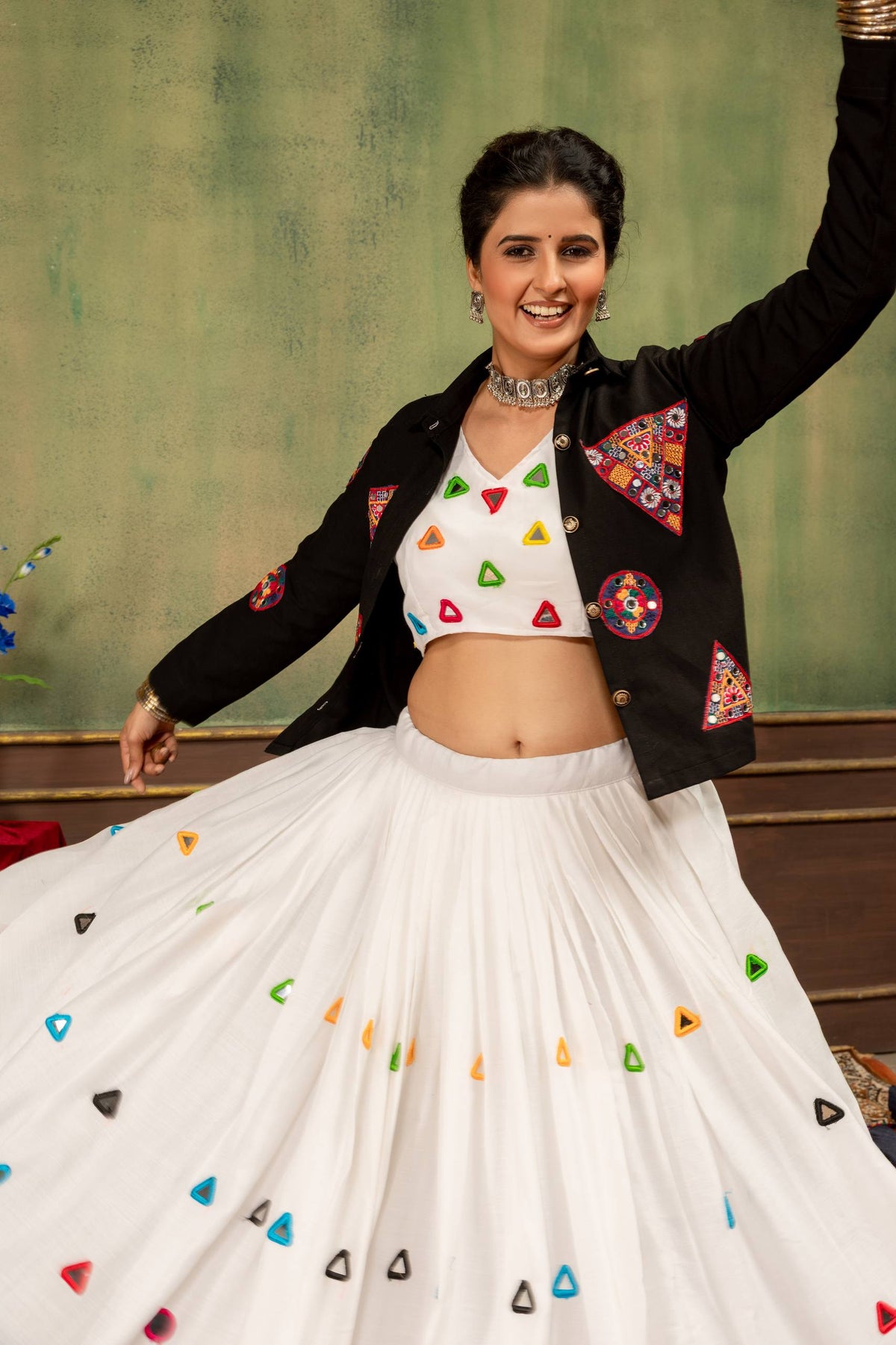 Designer Embroidered White Lehenga Choli with Multicolor Mirror-Work & Navy Blue Jacket