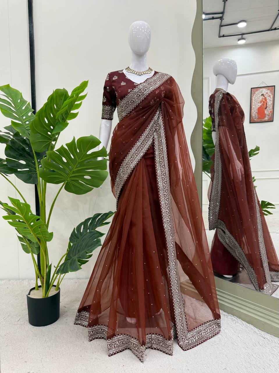Royal Mocha Embroidered Net Saree