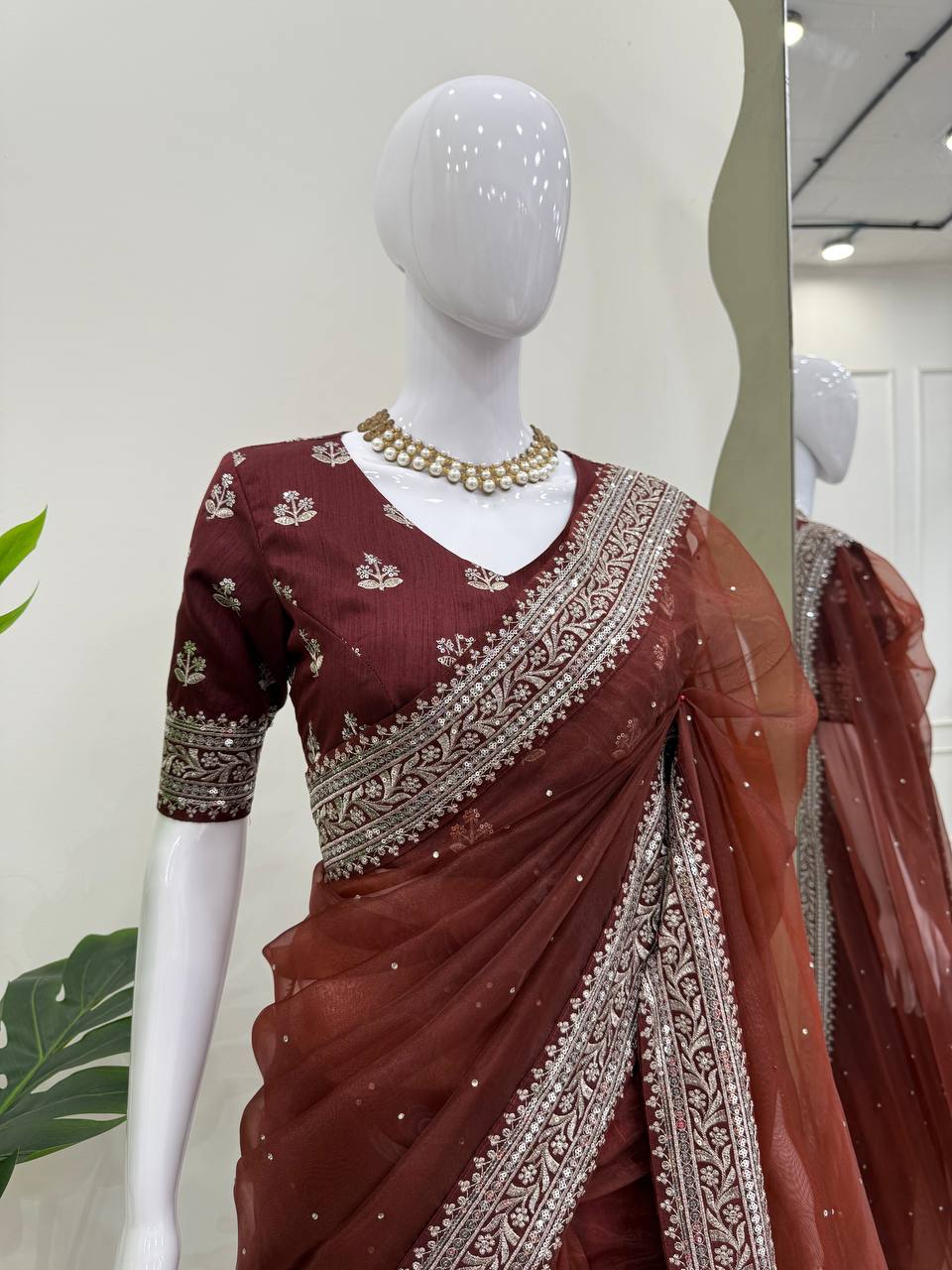 Royal Mocha Embroidered Net Saree