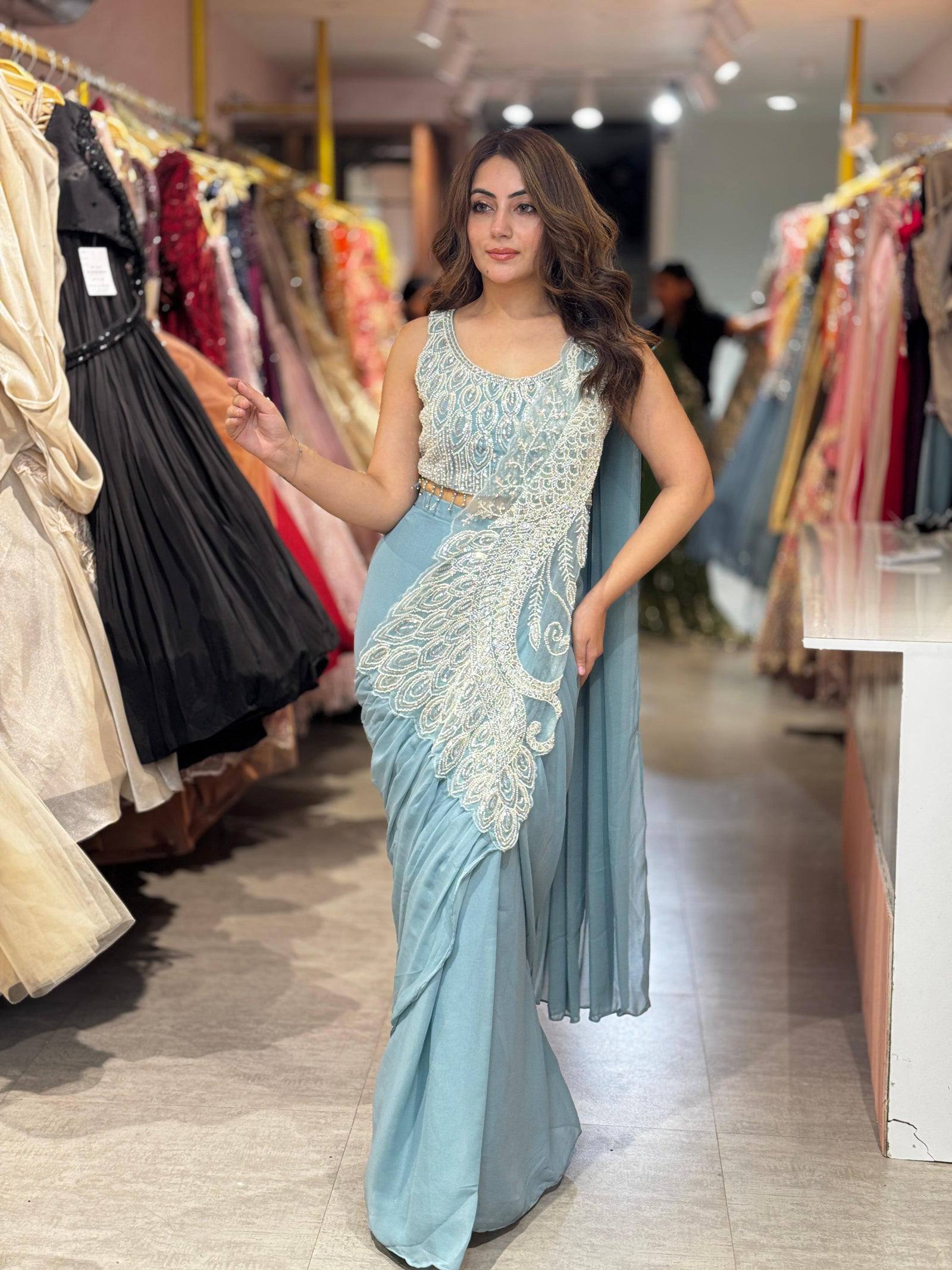 Siya – KD03 Ice-blue Peacock Pearl Embroidered Saree