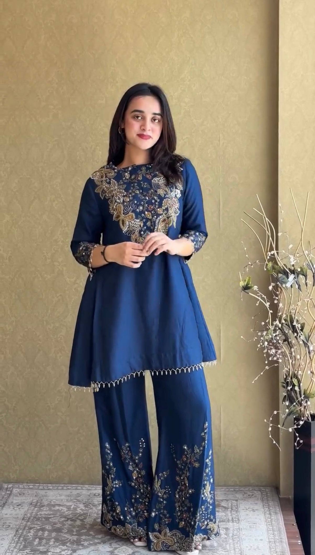 Women Navy Blue Embroidered Kurta With Palazzo Set