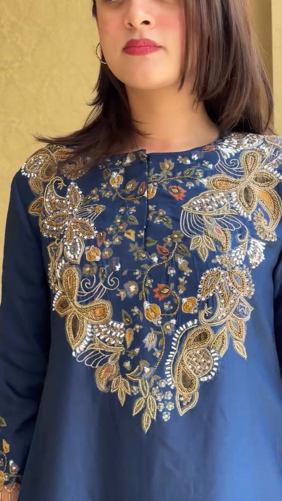 Women Navy Blue Embroidered Kurta With Palazzo Set