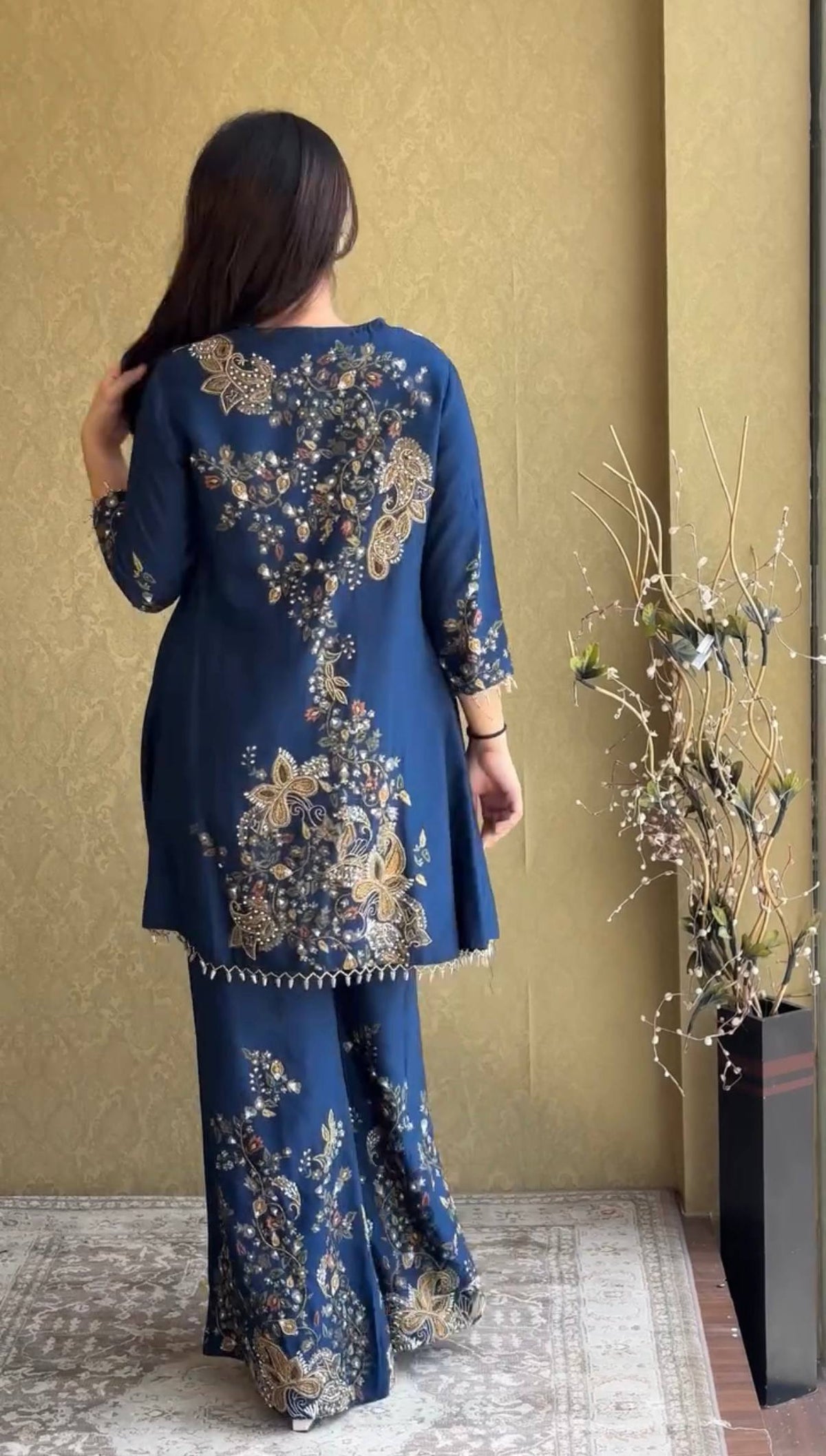 Women Navy Blue Embroidered Kurta With Palazzo Set