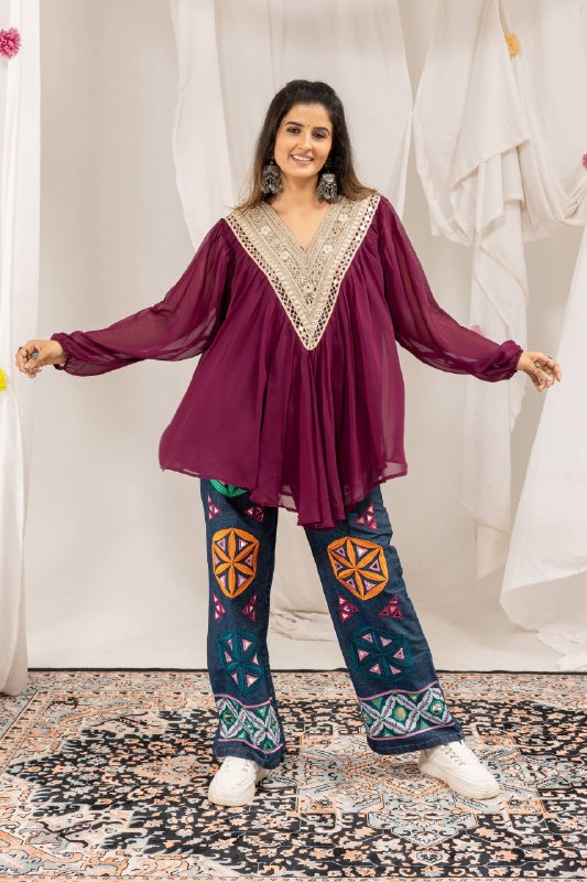 Women Wine Embroidered Georgette Top With Printed Palazzo Pants