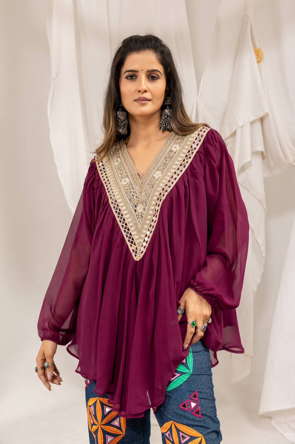 Women Wine Embroidered Georgette Top With Printed Palazzo Pants