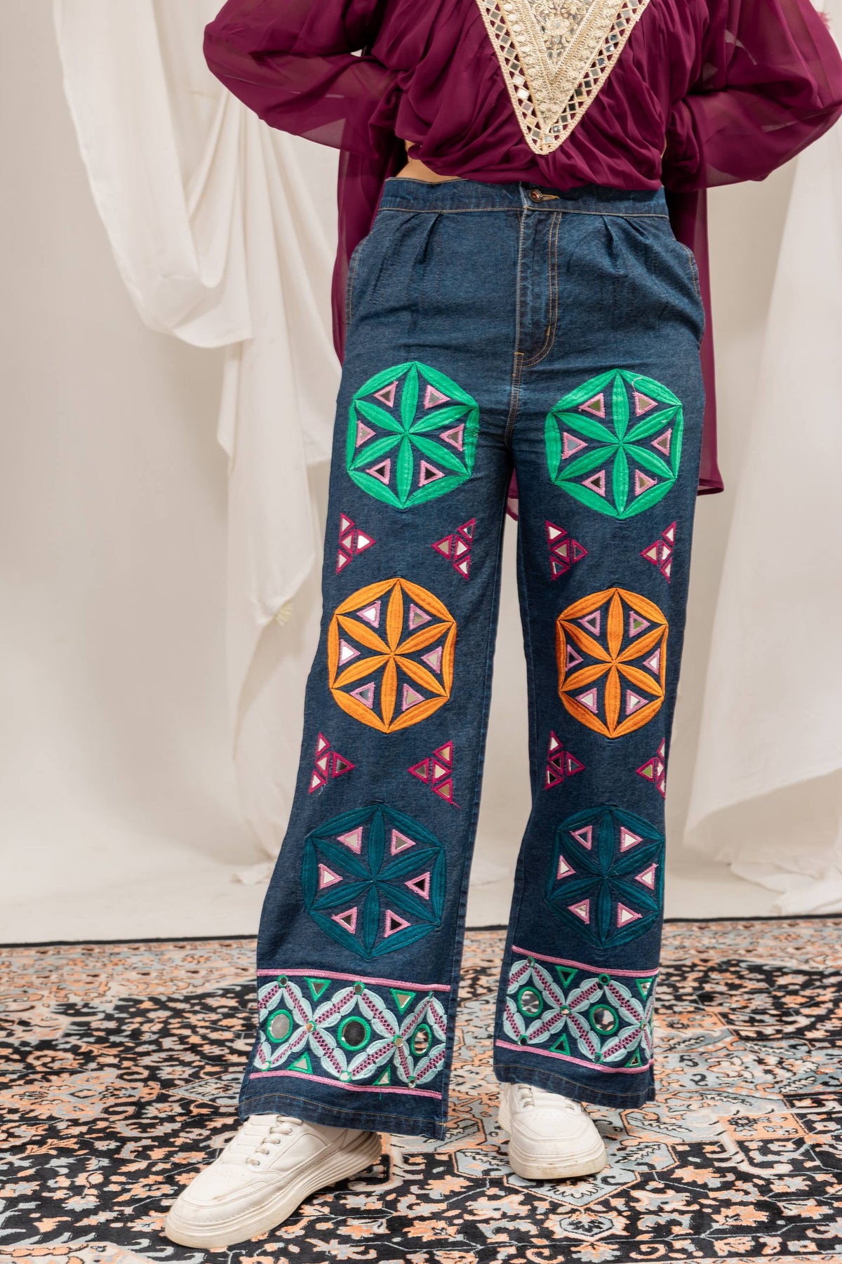 Women Wine Embroidered Georgette Top With Printed Palazzo Pants
