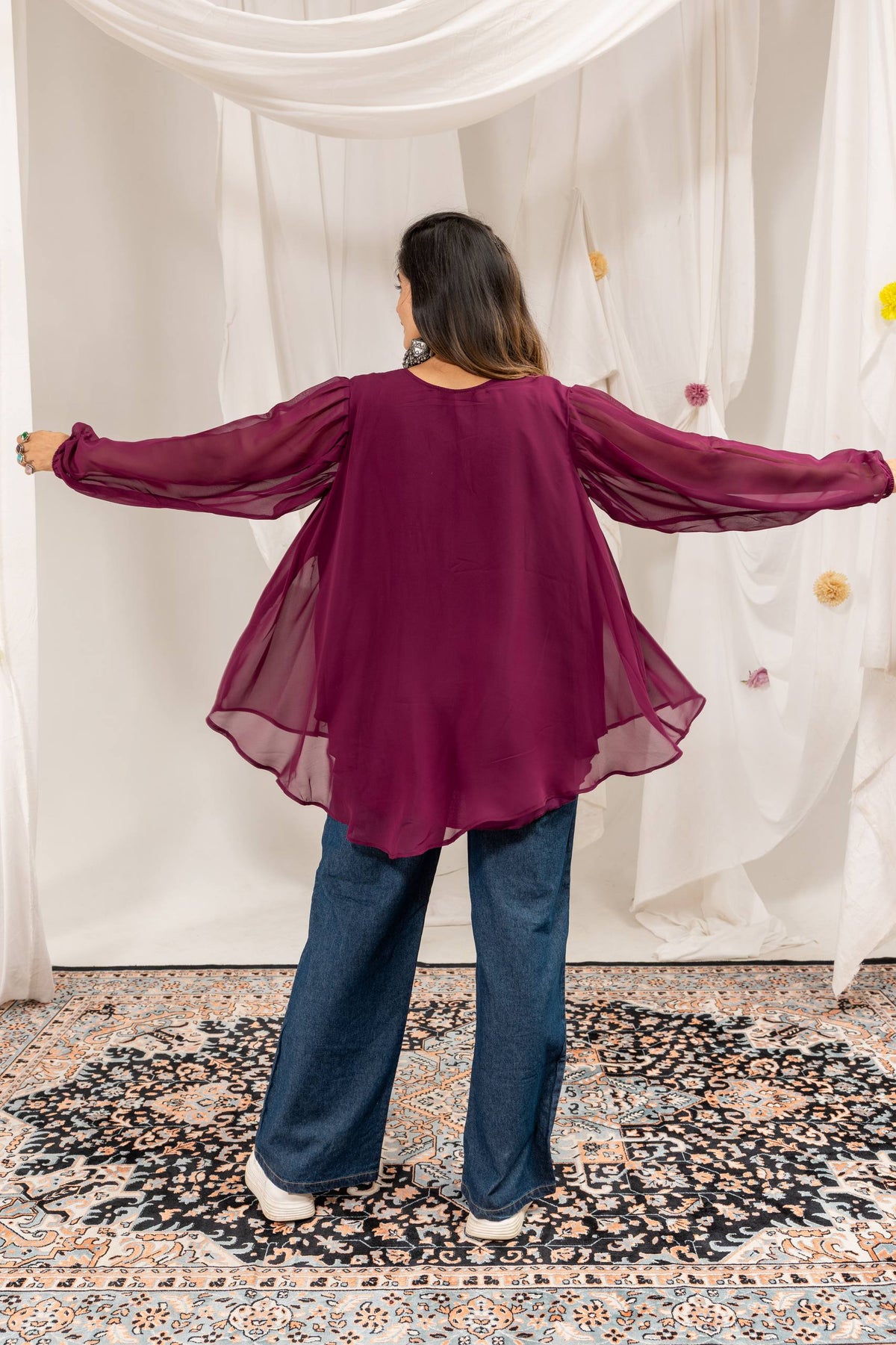 Women Wine Embroidered Georgette Top With Printed Palazzo Pants