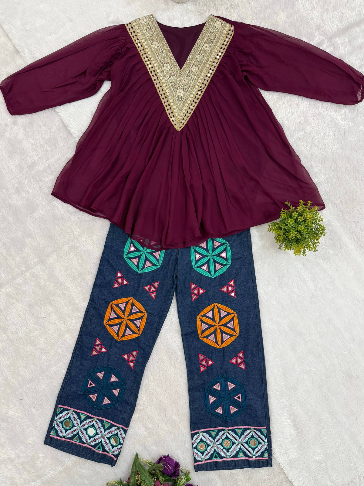 Women Wine Embroidered Georgette Top With Printed Palazzo Pants