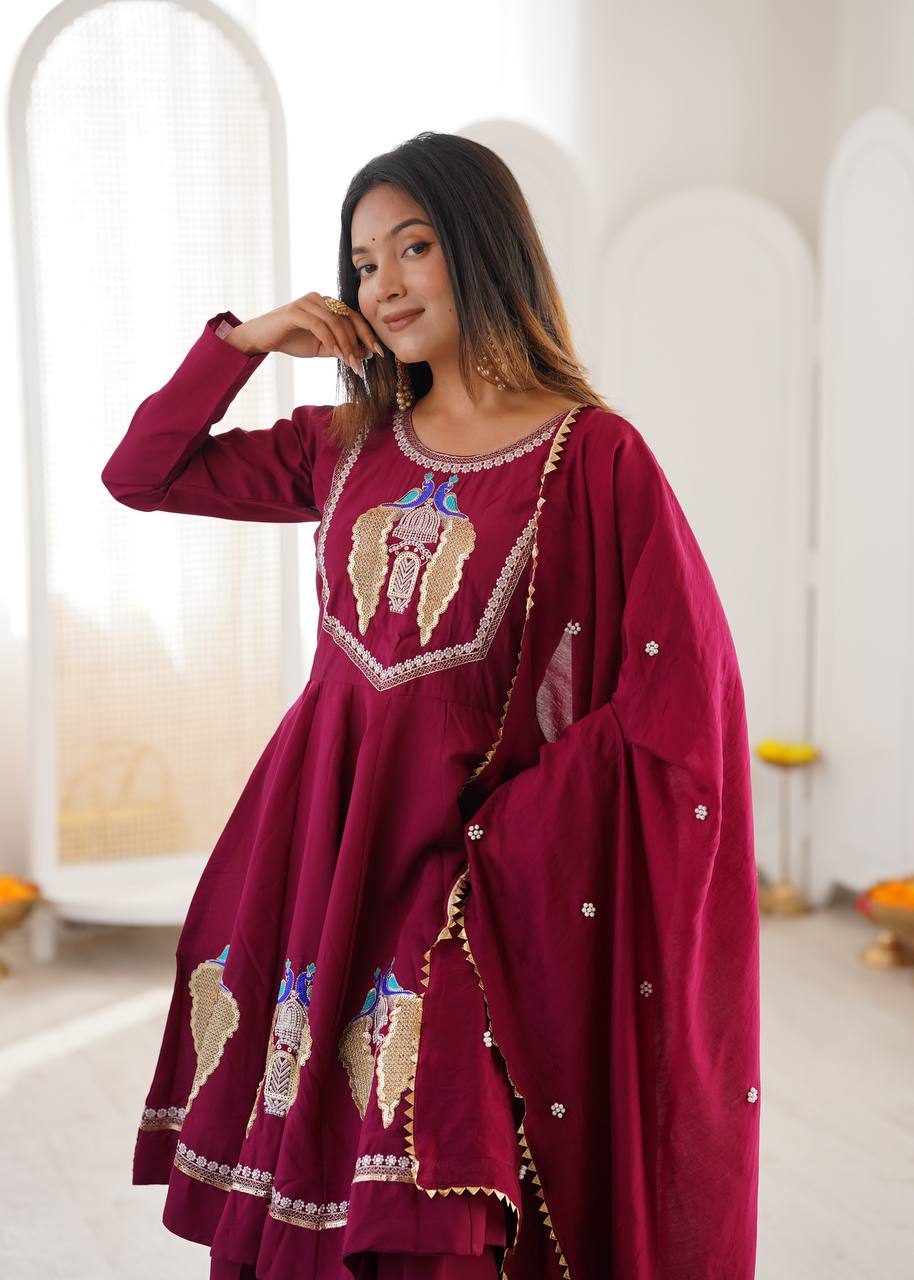 Women Wine Embroidered Kurta Palazzo Dupatta Set