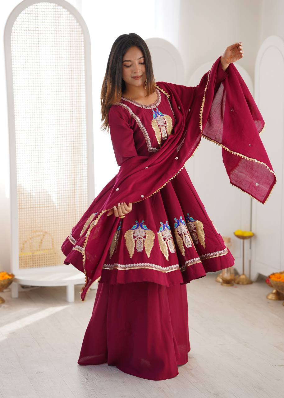Women Wine Embroidered Kurta Palazzo Dupatta Set