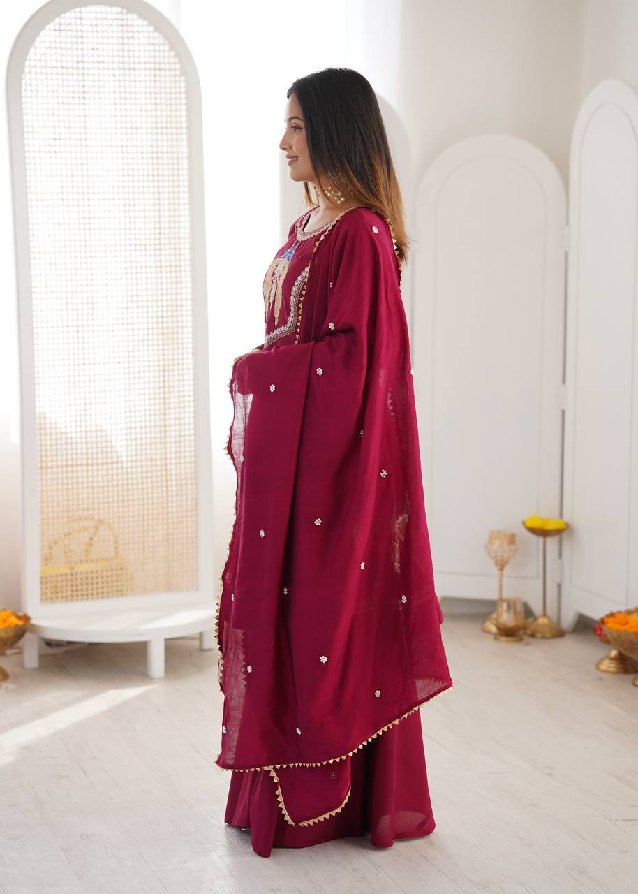 Women Wine Embroidered Kurta Palazzo Dupatta Set