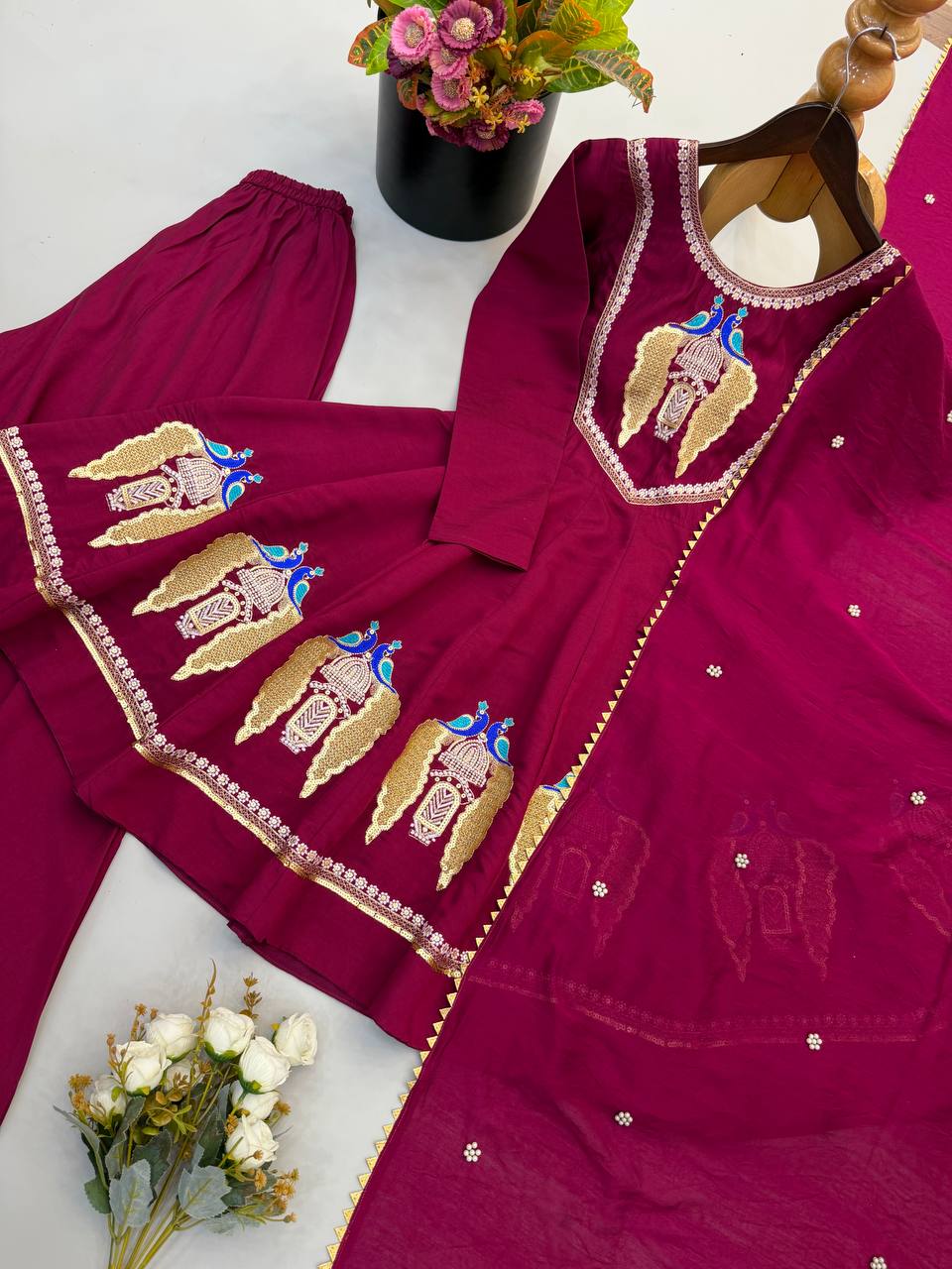 Women Wine Embroidered Kurta Palazzo Dupatta Set