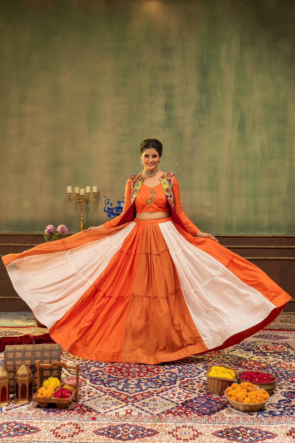 Women’s Orange Embroidered Crop Top with Printed Jacket & Flared Lehenga Set
