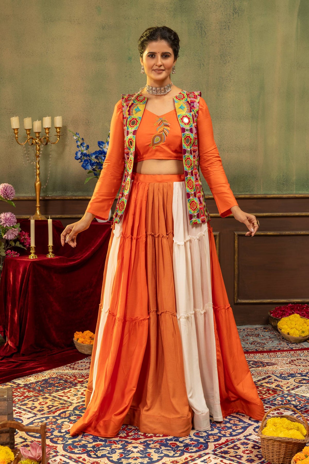 Women’s Orange Embroidered Crop Top with Printed Jacket & Flared Lehenga Set