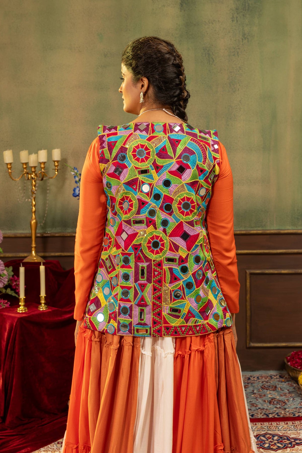 Women’s Orange Embroidered Crop Top with Printed Jacket & Flared Lehenga Set