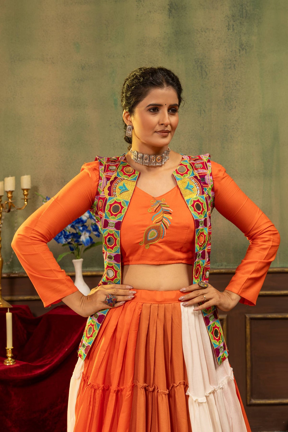Women’s Orange Embroidered Crop Top with Printed Jacket & Flared Lehenga Set