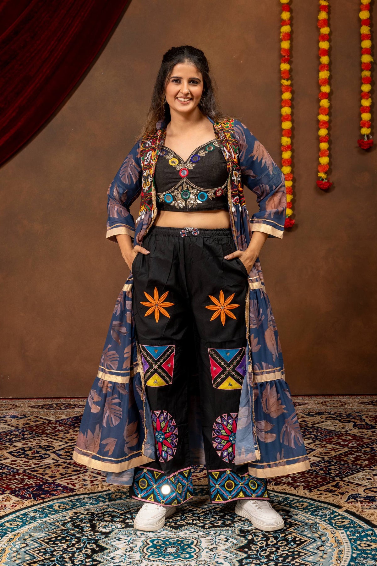 Women Black Embroidered Co-Ord Set with Printed Long Shrug
