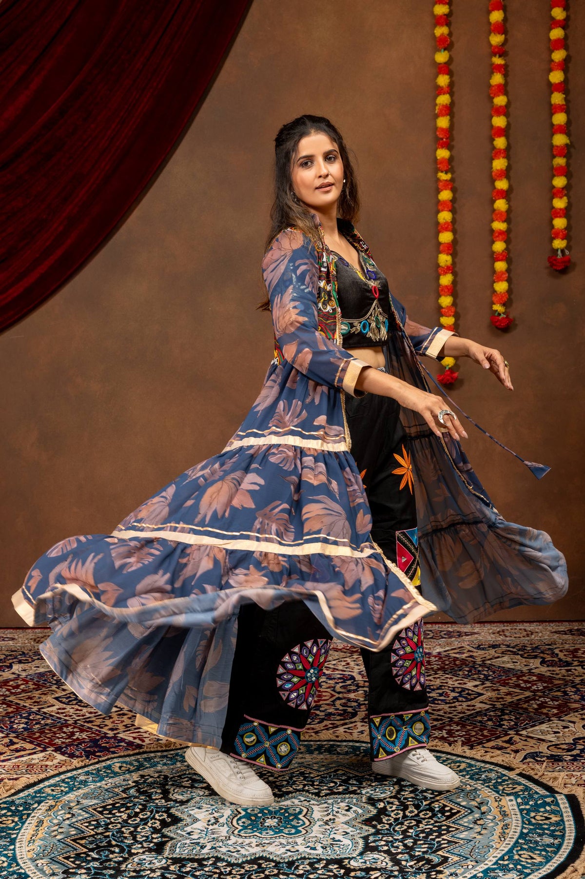 Women Black Embroidered Co-Ord Set with Printed Long Shrug
