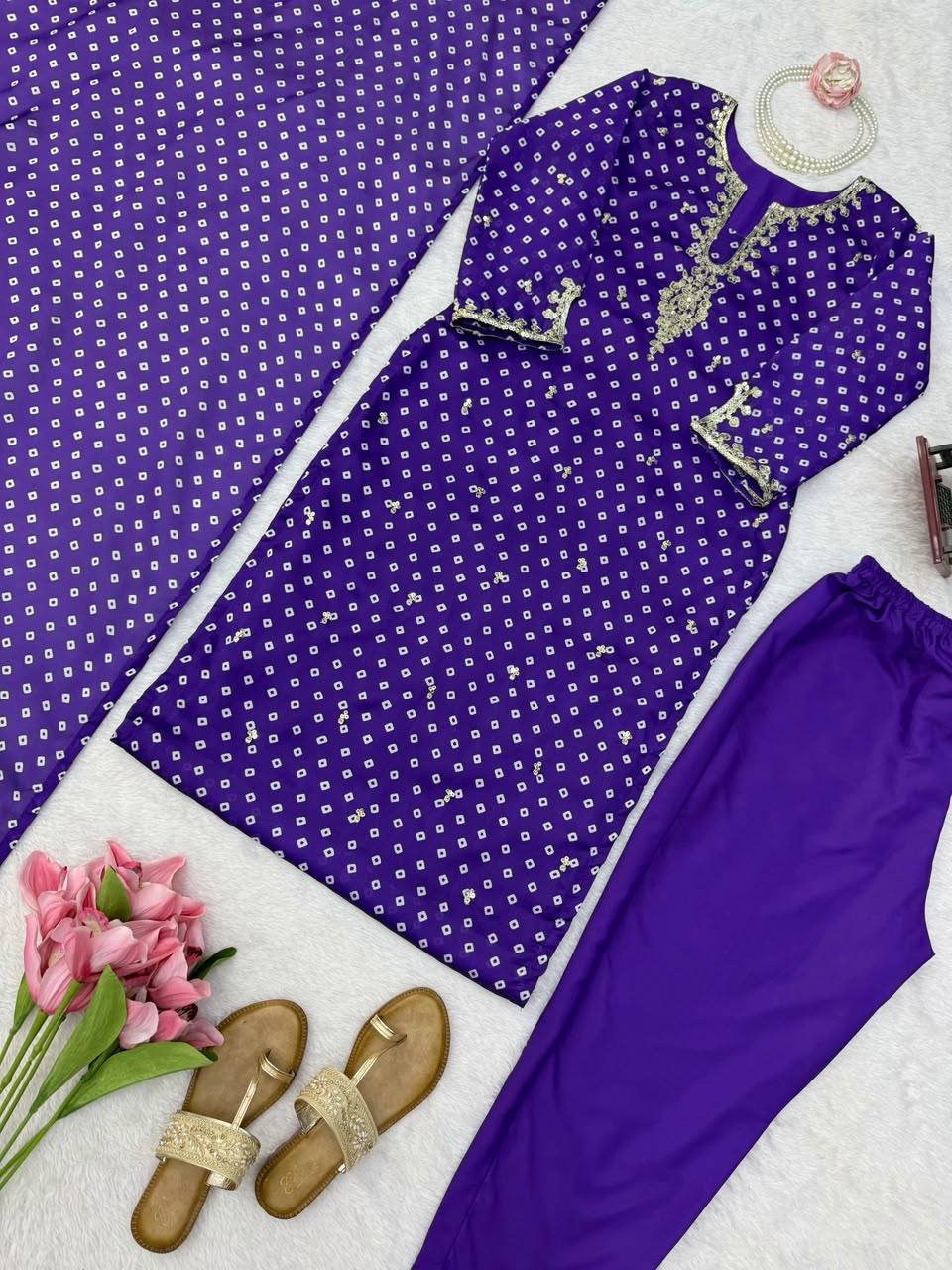 Women Printed Kurta with Pant & Dupatta Set – Purple