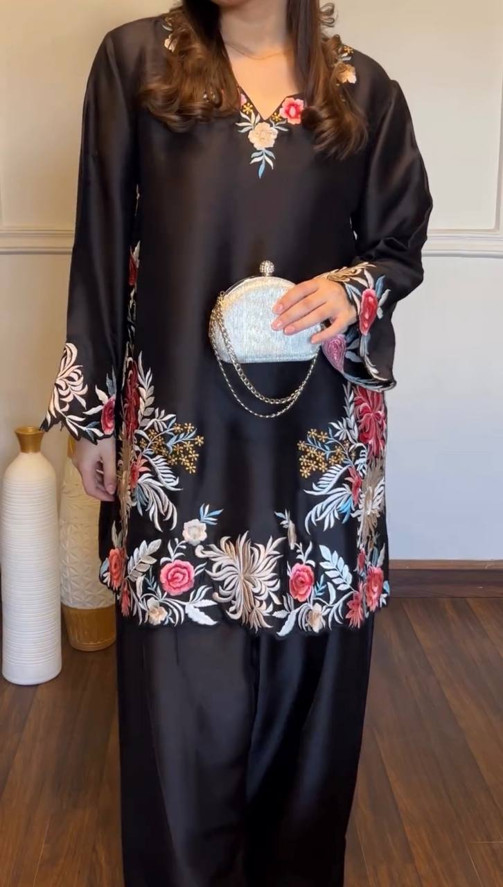 Midnight Black Elegance Embroidered Cord Set KD002