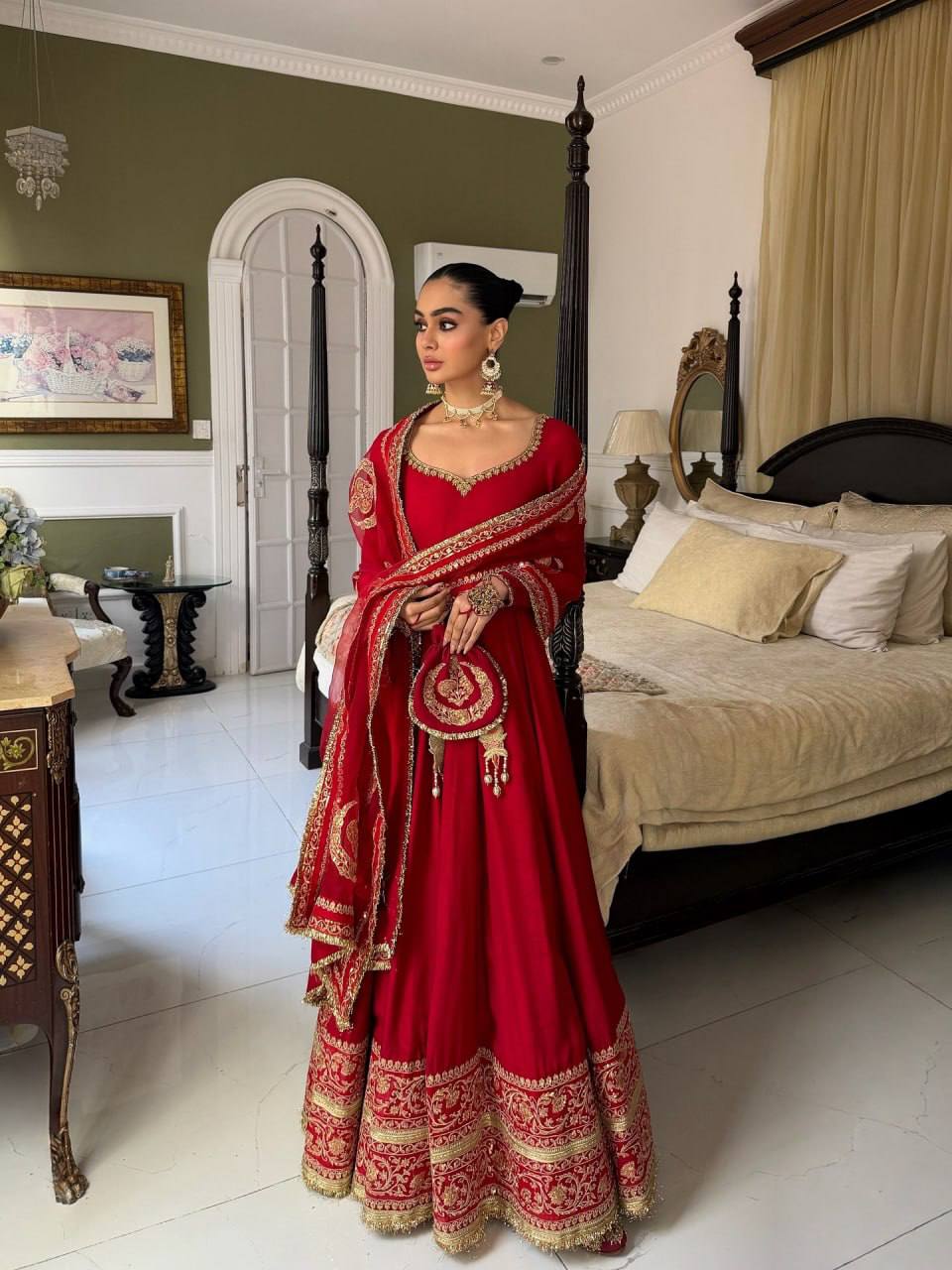 Women Red Embroidered Anarkali Suit with Dupatta