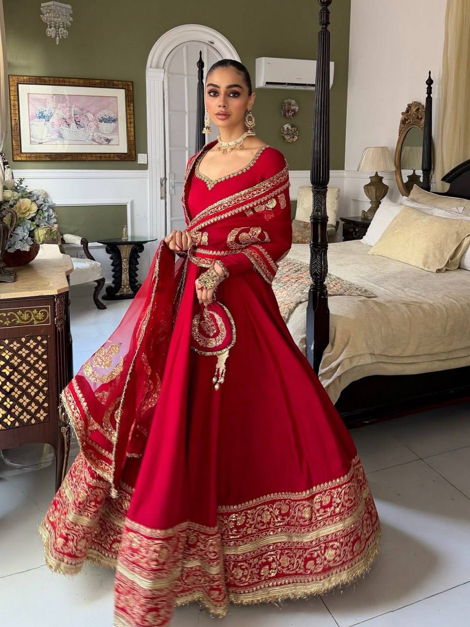 Women Red Embroidered Anarkali Suit with Dupatta