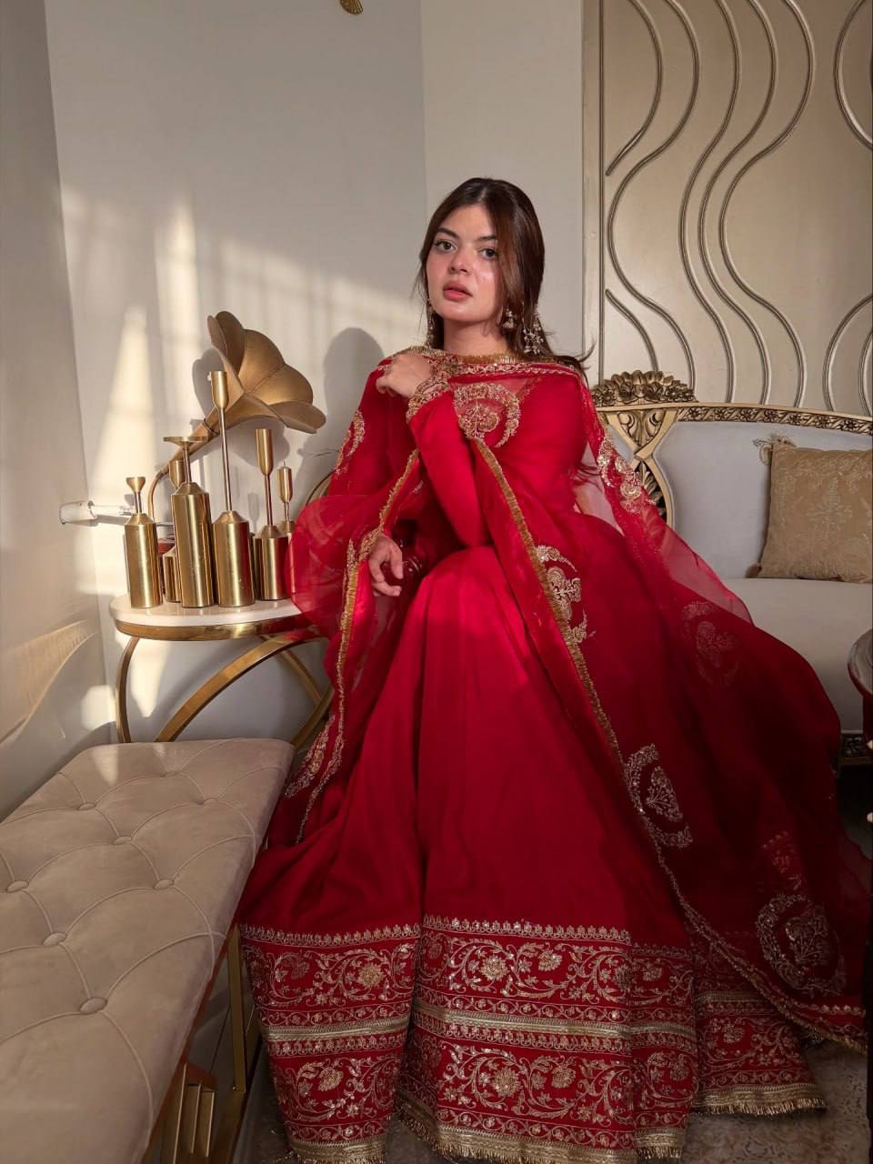Women Red Embroidered Anarkali Suit with Dupatta