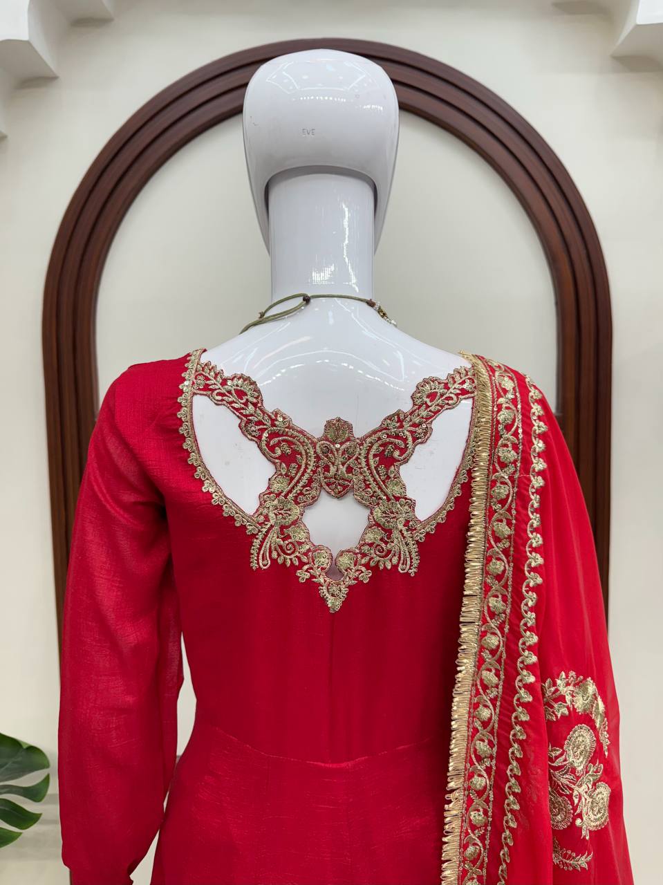 Women Red Embroidered Anarkali Suit with Dupatta