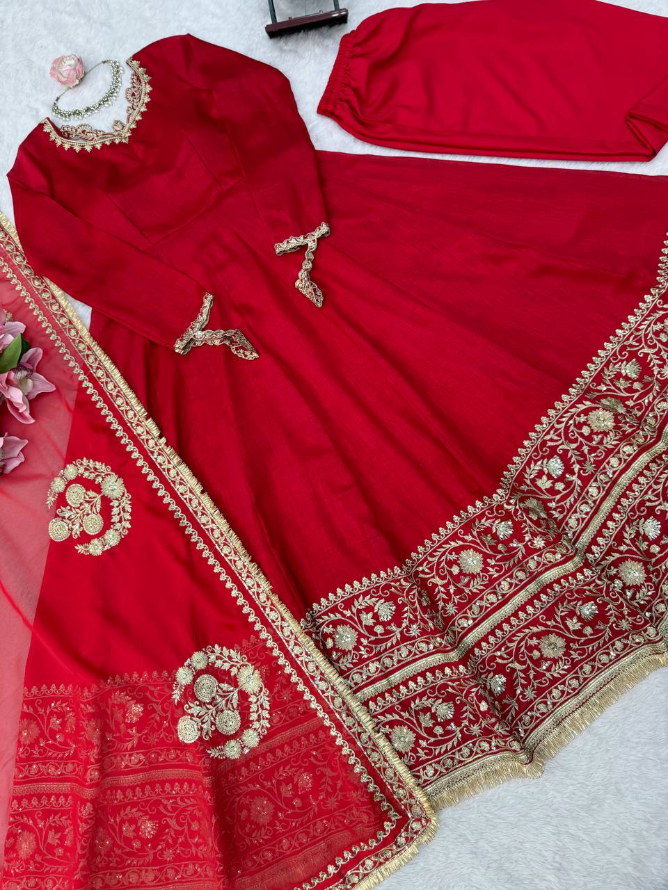Women Red Embroidered Anarkali Suit with Dupatta