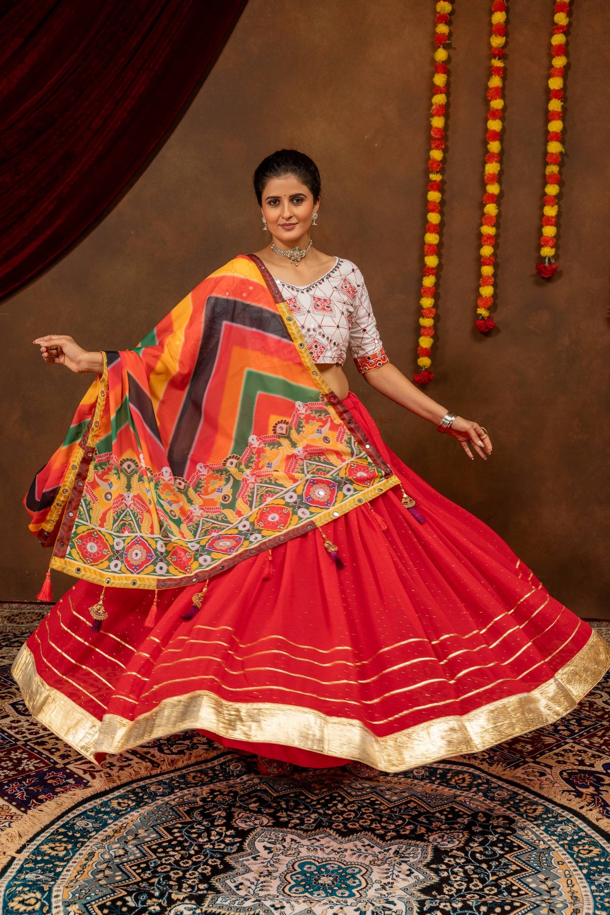 Women Red Printed Lehenga Choli with Multicolor Dupatta