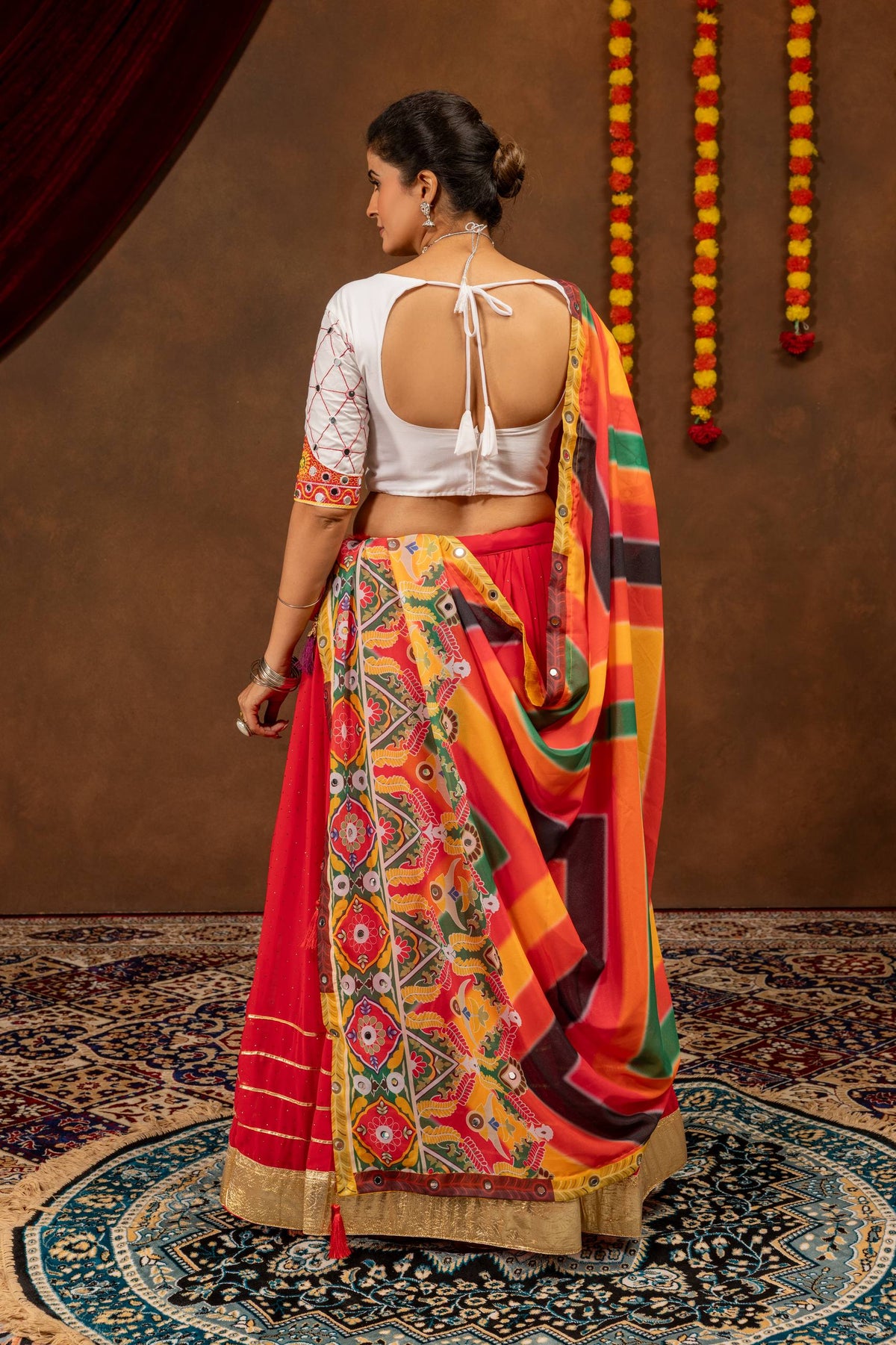 Women Red Printed Lehenga Choli with Multicolor Dupatta