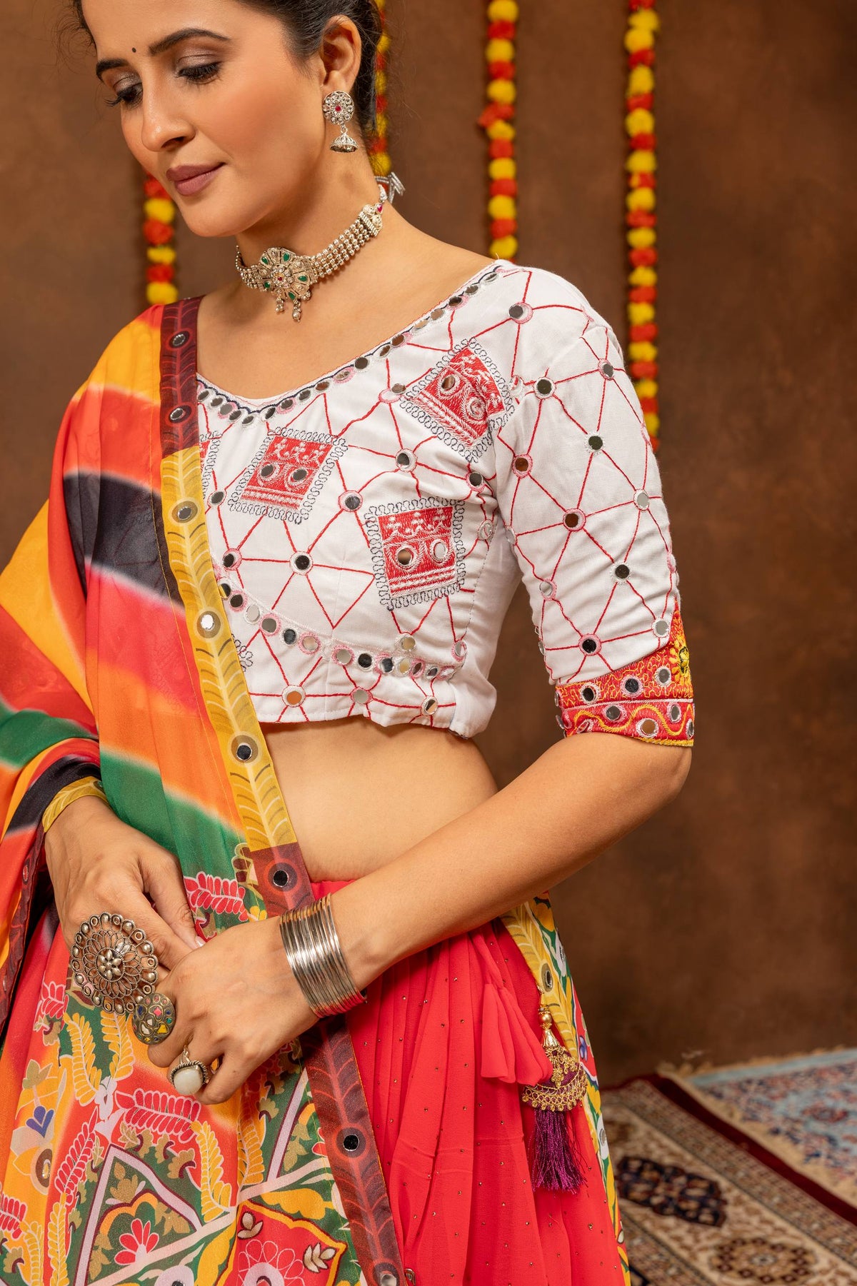 Women Red Printed Lehenga Choli with Multicolor Dupatta