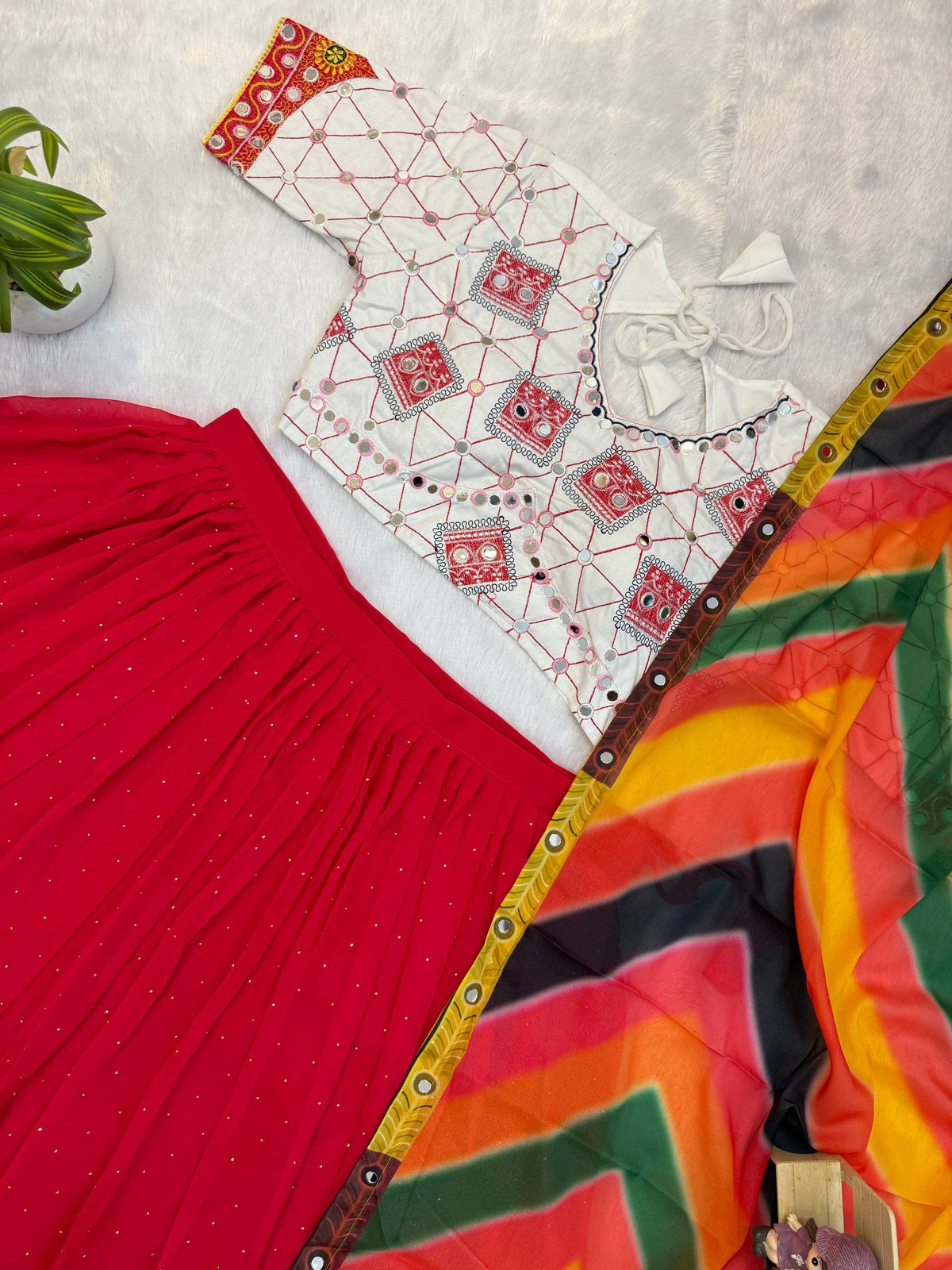 Women Red Printed Lehenga Choli with Multicolor Dupatta