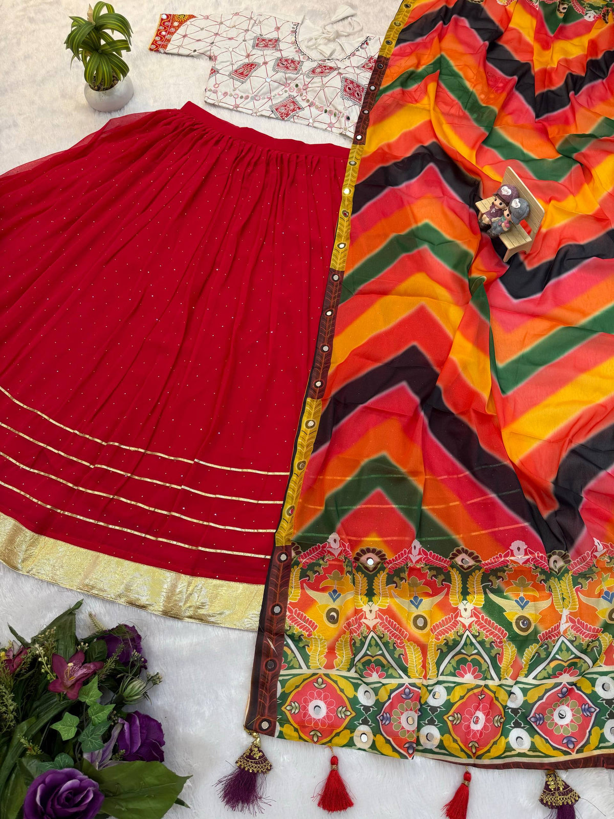 Women Red Printed Lehenga Choli with Multicolor Dupatta