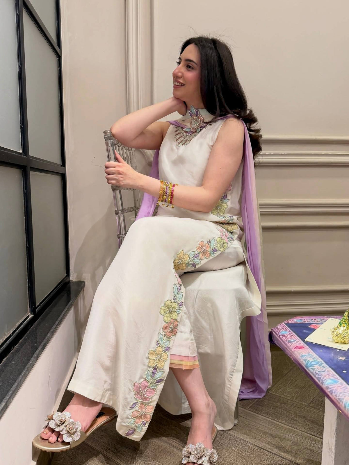 Women White Floral Embroidered Kurta Pant Set with Multicolor Dupatta
