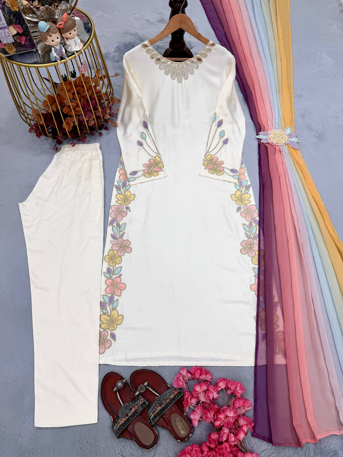 Women White Floral Embroidered Kurta Pant Set with Multicolor Dupatta