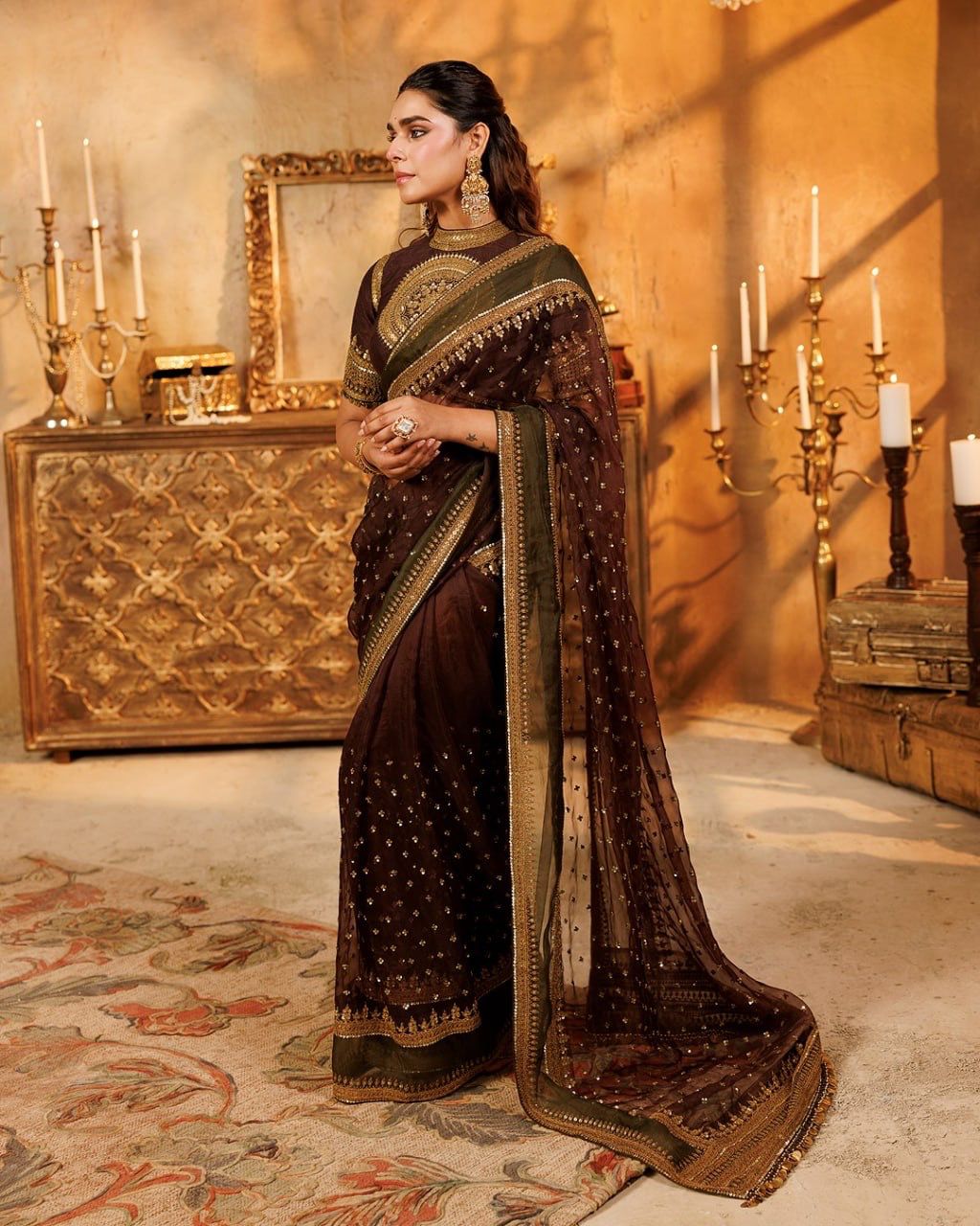 Chocolate Velvet Grace Mandala Art Saree
