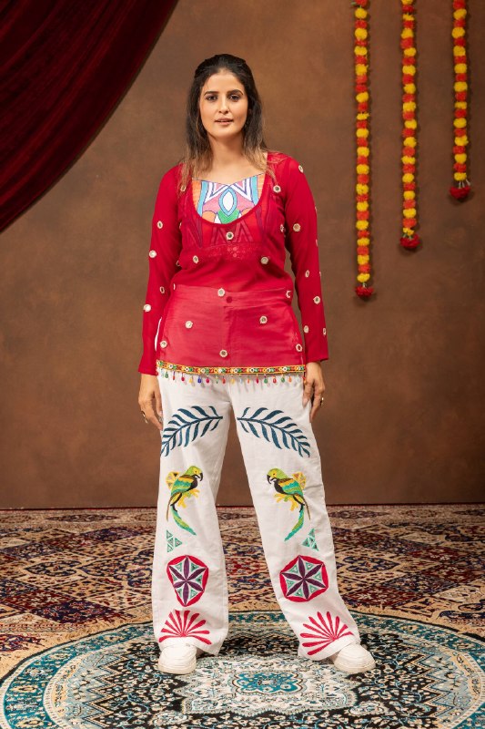 Women’s Red Printed Kurti with Embroidered White Palazzo Set