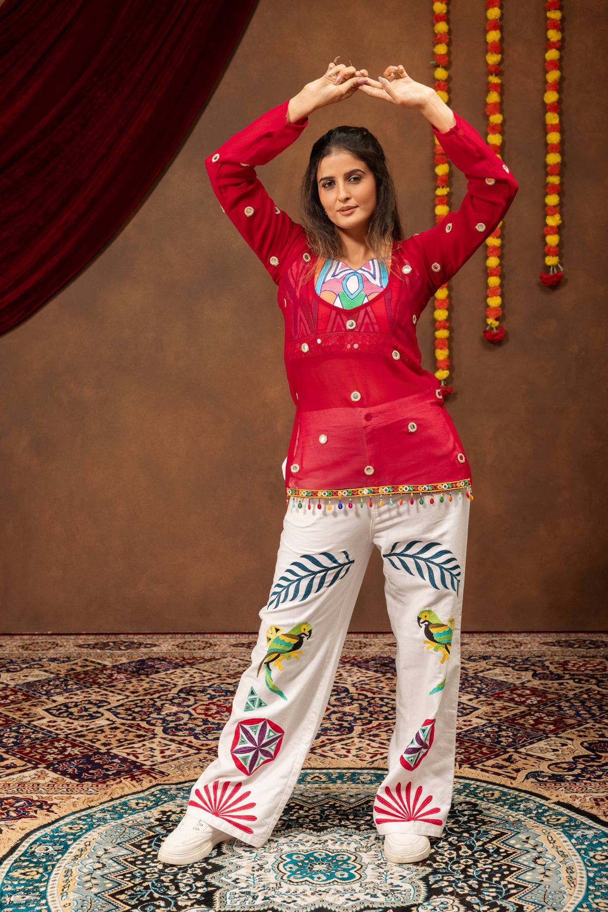 Women’s Red Printed Kurti with Embroidered White Palazzo Set