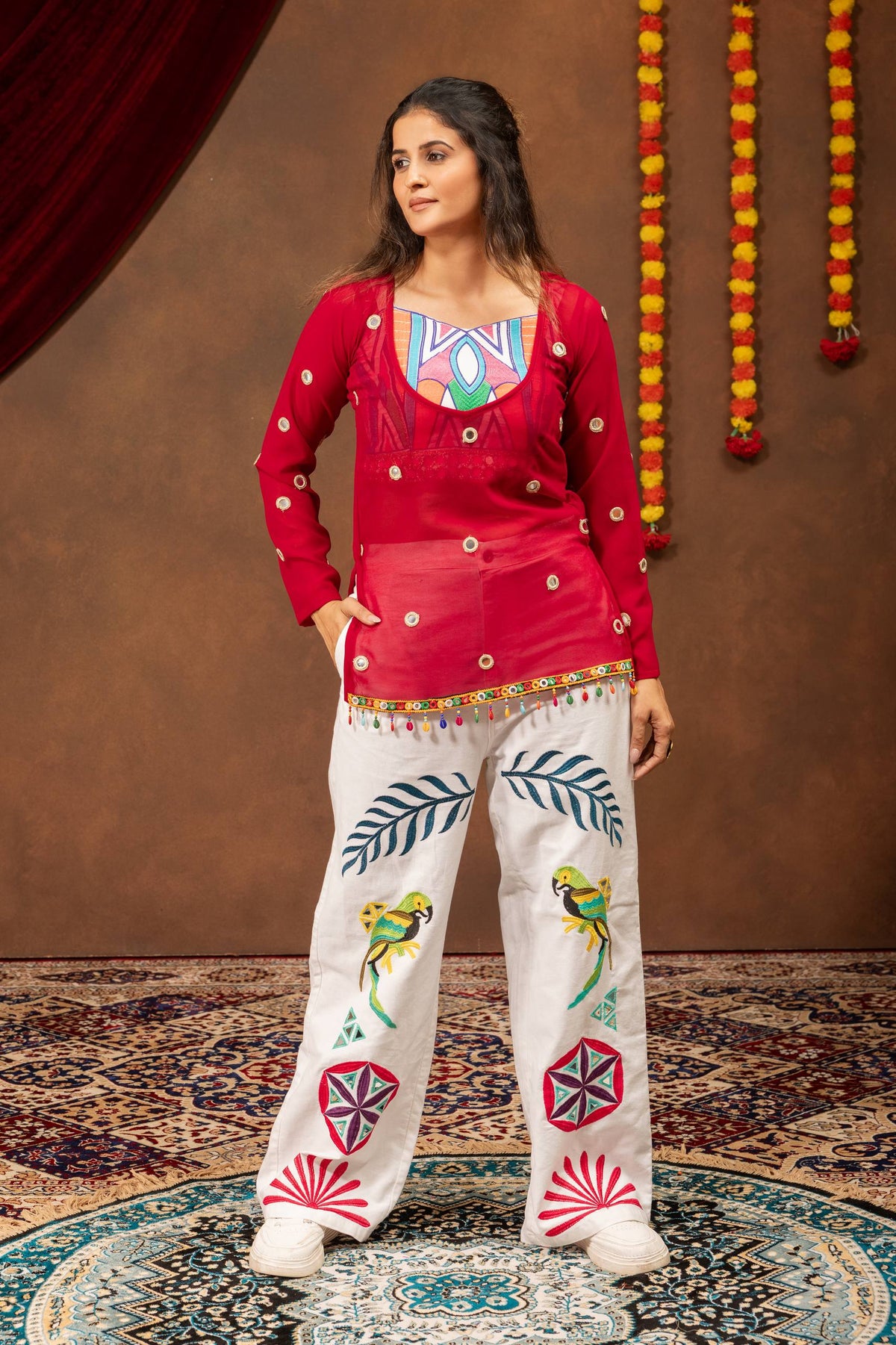 Women’s Red Printed Kurti with Embroidered White Palazzo Set