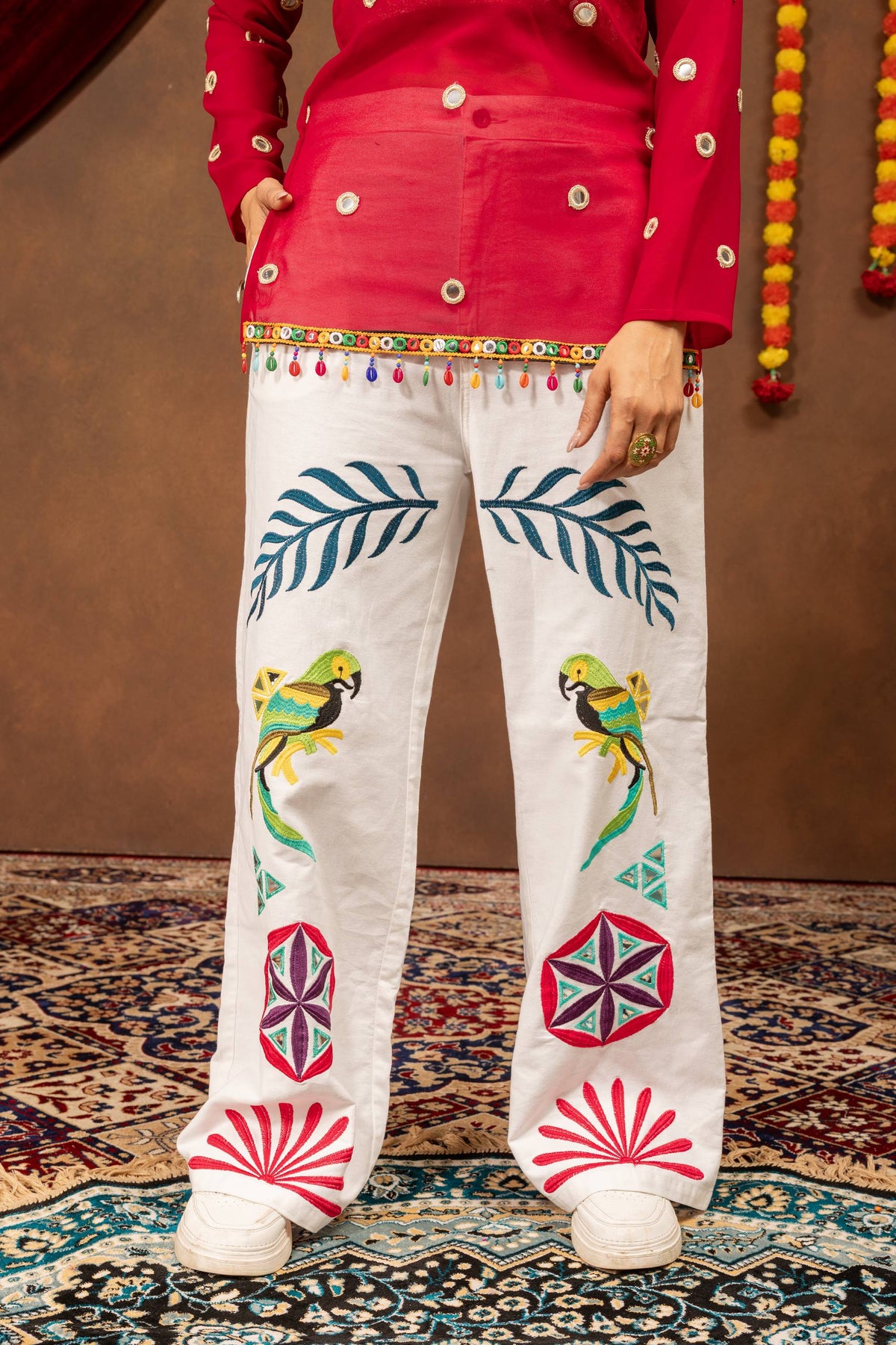 Women’s Red Printed Kurti with Embroidered White Palazzo Set