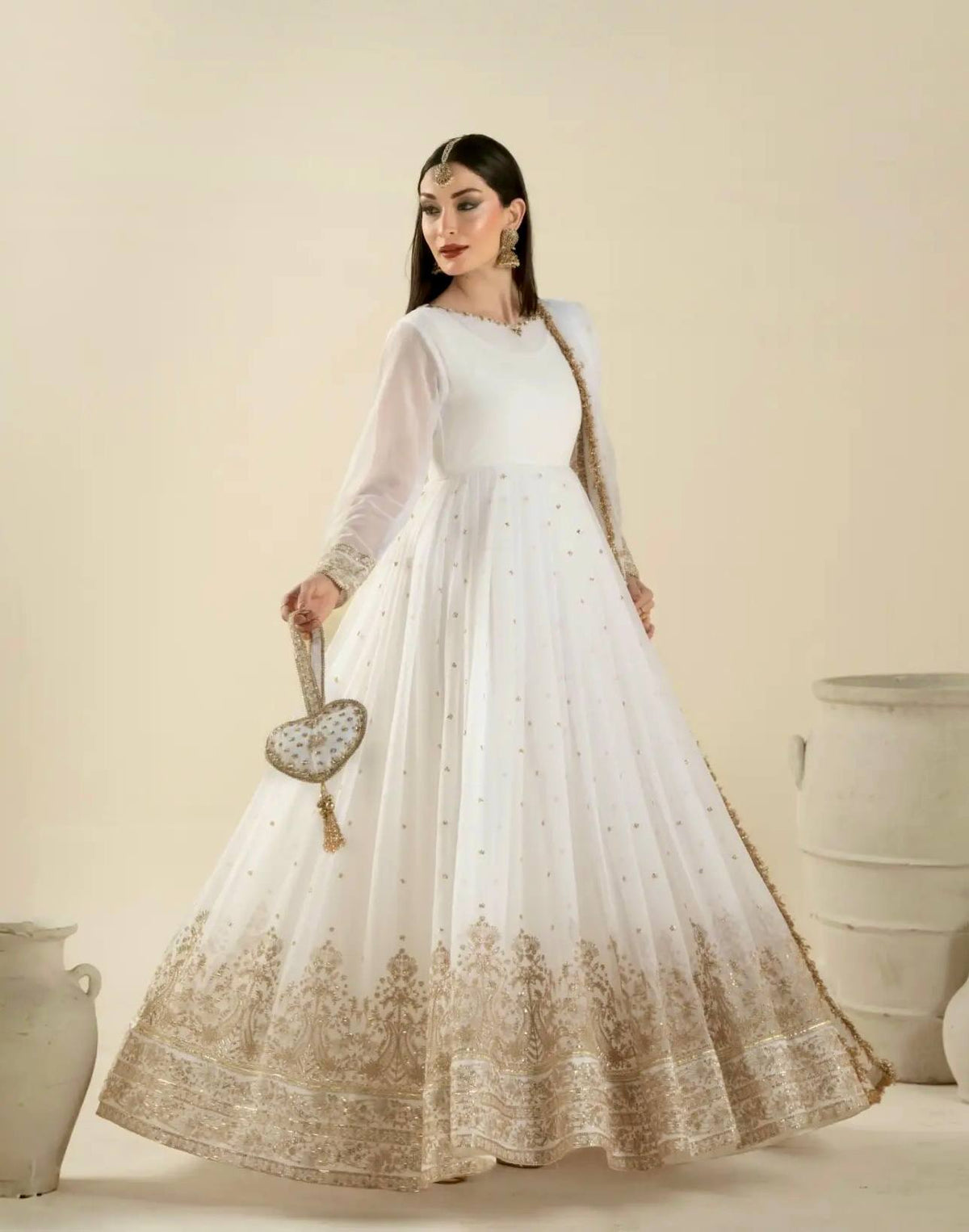 Women White Embroidered Anarkali Gown with Dupatta
