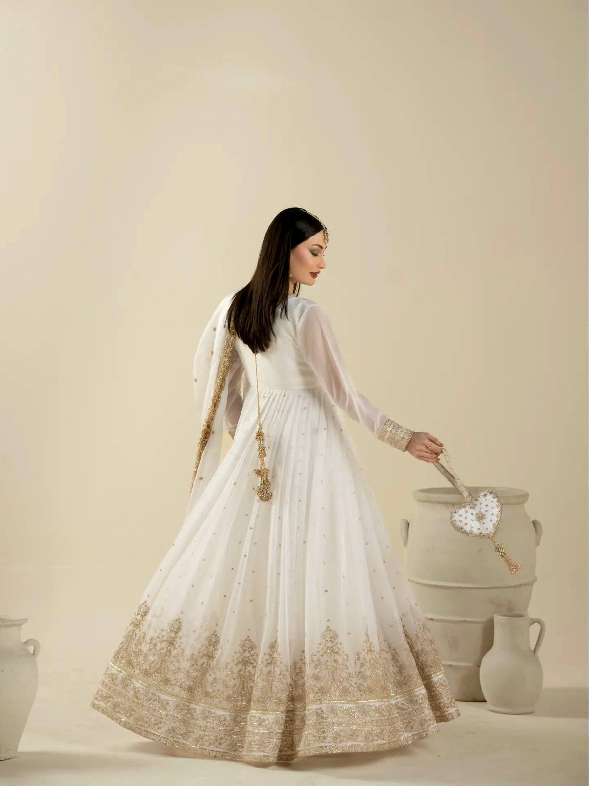 Women White Embroidered Anarkali Gown with Dupatta