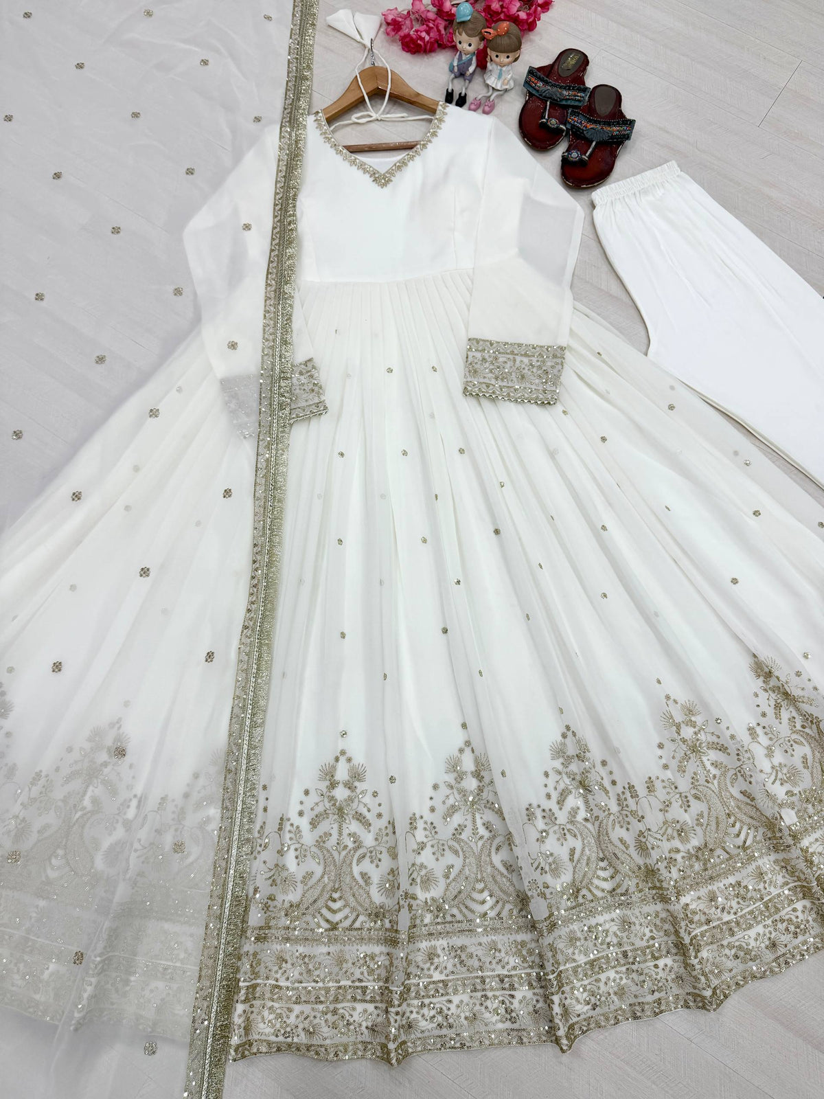 Women White Embroidered Anarkali Gown with Dupatta